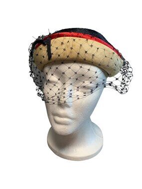 Vintage Navy & Cream Pillbox Hat Red Trim & Black Veil Size 22"